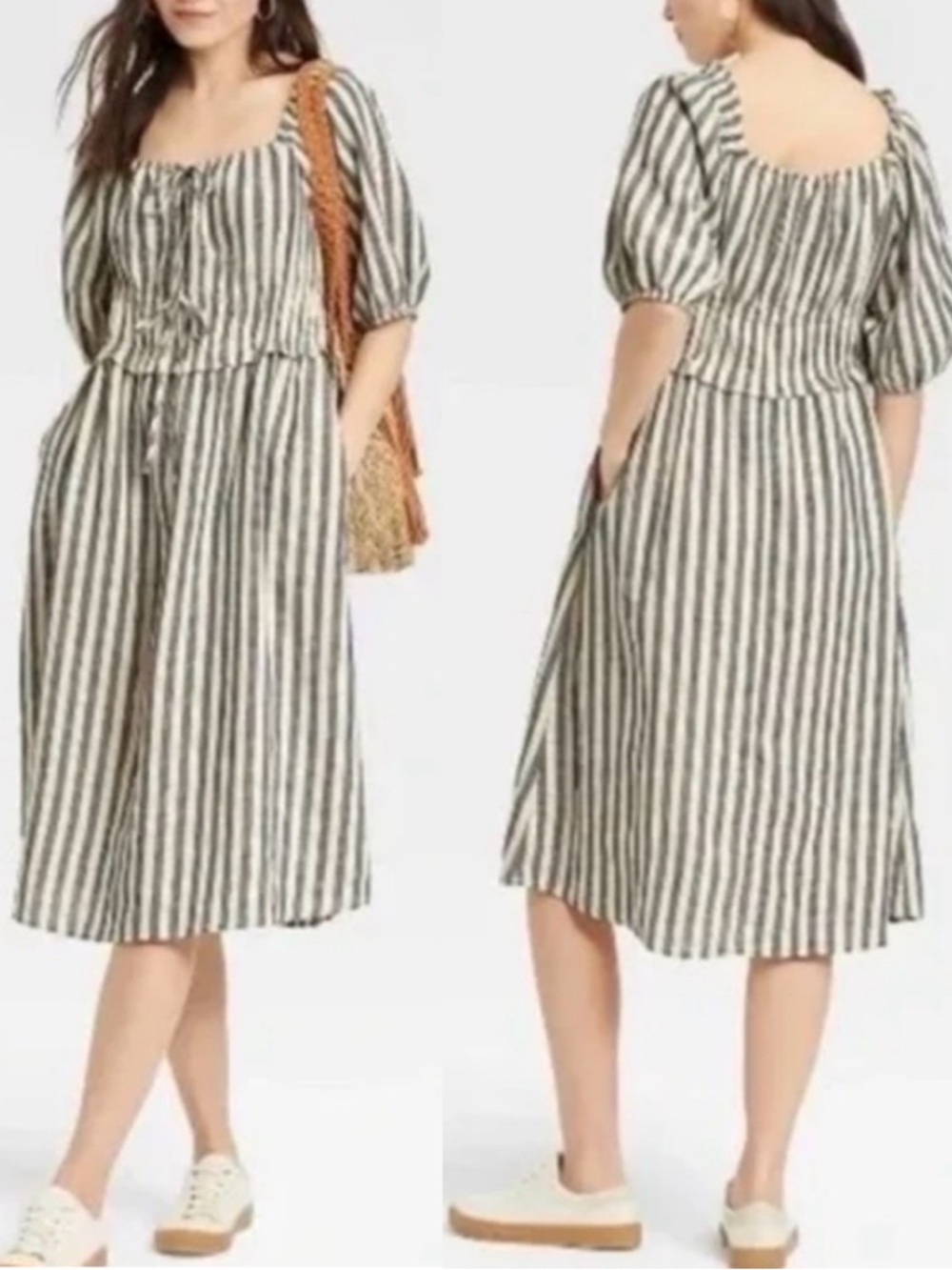 Universal Thread Blue Cream Striped Boho Peasant Linen Blend Midi Dress Sz. M